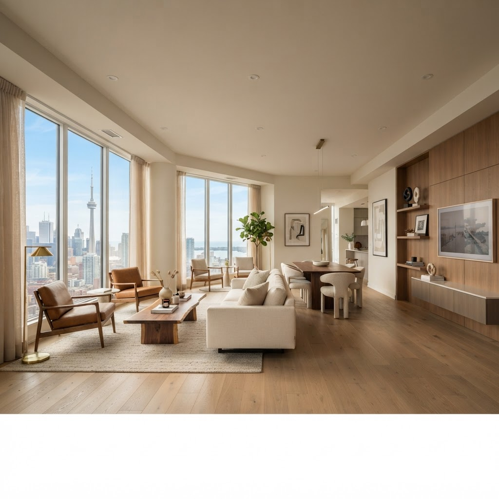 Sophisticated modern Toronto living space with a subtle skyline view